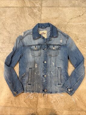 Hollister Light Blue Distressed Paint-Splatter Denim Jacket